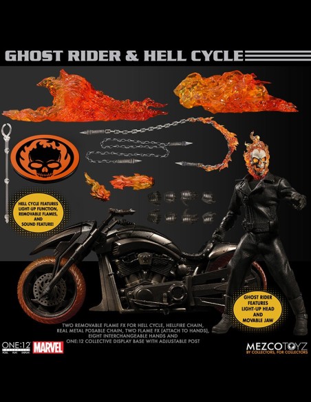 MEZCO - Ghost Rider Action Figure & Vehicle with Sound & Light Up 1/12 Ghost Rider & Hell Cycle One:12 
